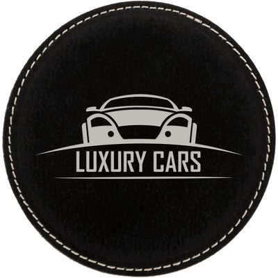 4" Round Black/Silver Leatherette Coaster