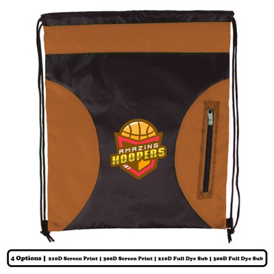 Multi-Panel Polyester Drawstring Bag w/ Semi-Circle Design, Zip Pocket w/ Custom Logo