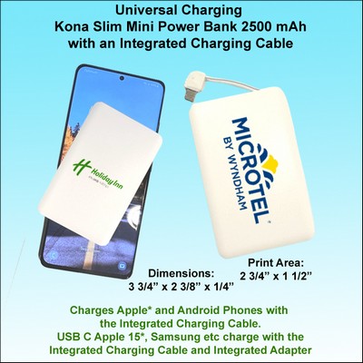 Universal Charging Kona Slim Mini Power Bank 2500 mAh, with an Integrated Charging Cable