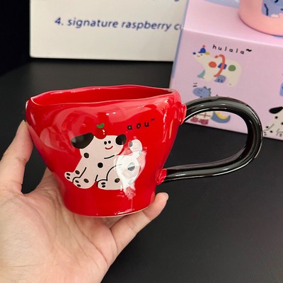 Dalmatian Dog Large Handle Red Ceramic Cup