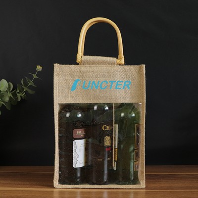 3 Bottles Wine Bag Cane Handles Jute Wine Tote w/ Window