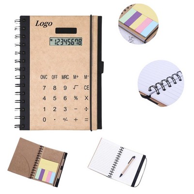 Kraft Cover Spiral Notebook with Solar Calculator & Pen