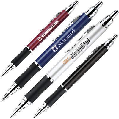 Aluminum Ballpoint Click Action Pen w/ Rubber Grip & Silver Accents