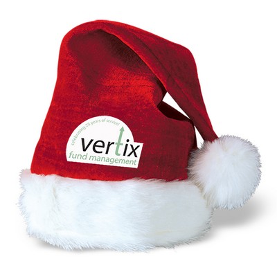 Velvet Red Santa Hat w/ Plush White Trim w/ Custom Shaped Heat Transfer