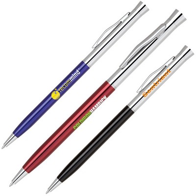 Twist action metal pen with shiny chrome cap and enamel finish barrel Twist action pen