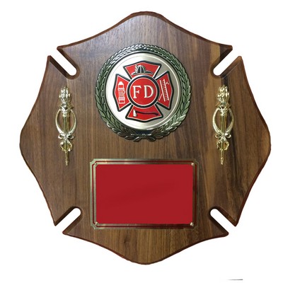 Fire Department Maltese Cross Genuine Walnut Plaque (14" x 14")