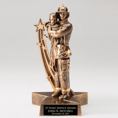 8¾" Antique Gold Finish Resin Fireman & Child Trophy