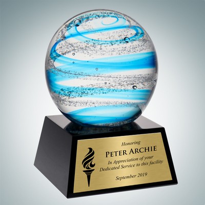 Art Glass Blue Jupiter Award w/ Black Base & Gold Plate