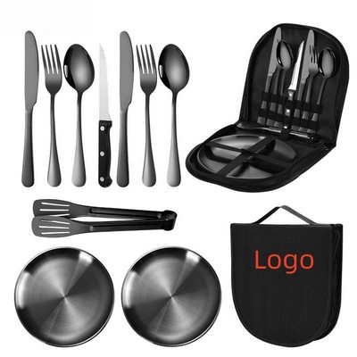 Black Ten-Piece Outdoor Stainless Steel Tableware Set Camping Utensils