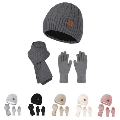 Winter Knit Beanie Hats and Touchscreen Gloves Long Scarf Set