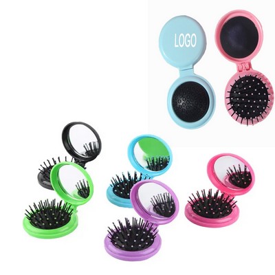 Folding Round Hair Comb With Mirror