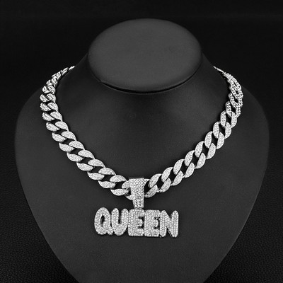 Silver Cuban Chain Silver QUEEN Pendant Necklace Diamond Studded Necklace