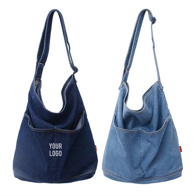 Denim Shoulder Hobo Tote Bag