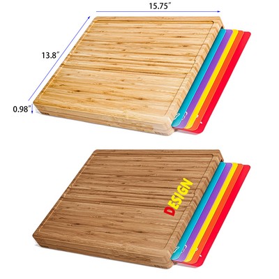 Bamboo Cutting Board Set Wood Cutting Board Set with 6 Color-Coded Flexible Plastic Cutting Boards