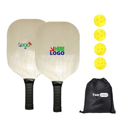 Wooden Pickleball Racket Paddle & Ball Set W/ Drawstring Bag