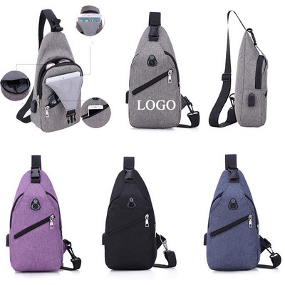 Unisex Polyester Sling Bag Shoulder Backpack Chest Bag Crossbody Daypack w/USB Charging Port