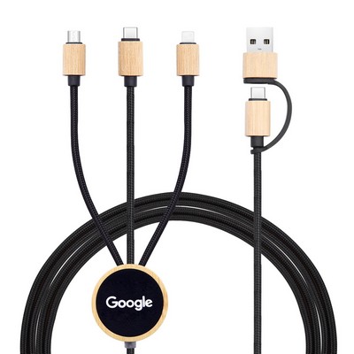 47 inch 5 in 1 Bamboo Multi Charging Cable with Light-Up Logo