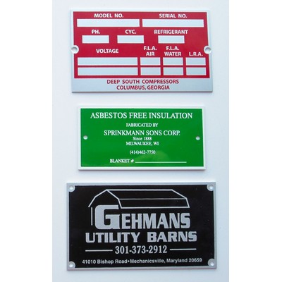 Aluminum ID/Name Plates falling between 25-35 sq. inches w/ a screen printed imprint.