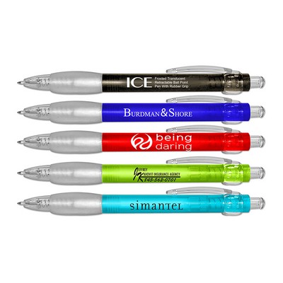 Liqui-Mark® ICE - Frosted Translucent Retractable Ballpoint Pen w/Rubber Grip