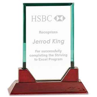 7 3/4" Jade Rectangle Prestige Glass Award with Rosewood Piano Finish Base