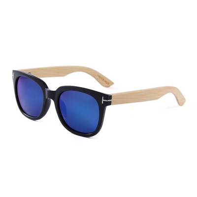 Bamboo Sunglasses - Blue Mirror Lenses - Black Frames