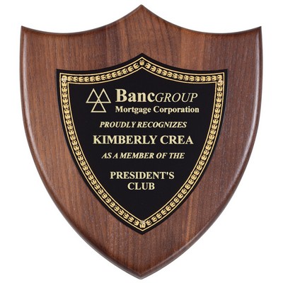 Walnut Satin Finish Shield with Black-Gold Brass Plate, 7"x8"