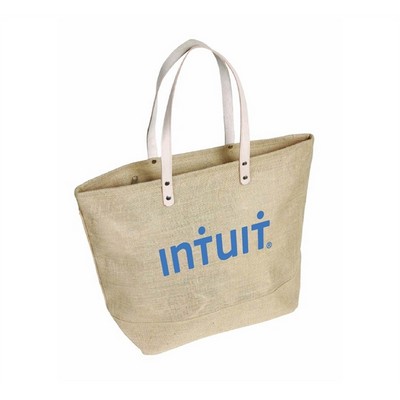 Jute Tote Bag with Leather Handles - Small