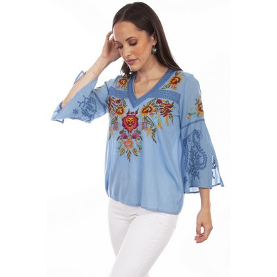 Honey Creek Blue Blouse w/Floral Embroidery