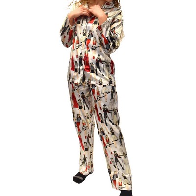 Allover Print Long Sleeve Satin Lounge Set