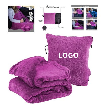 60" x 43" 2 in 1 Fleece Travel Blanket with Stuffable Pillowcase