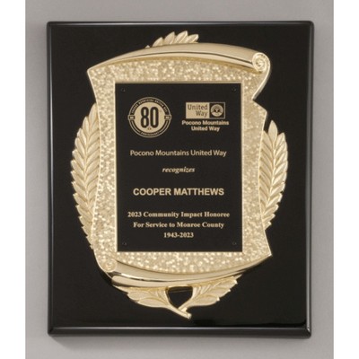 Ebony Piano Finish Plaque with Gold Finished Scroll Frame Casting, 11 x 15"