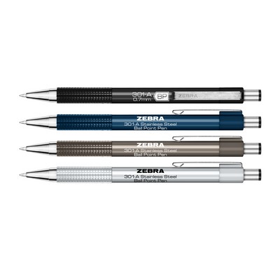 Zebra F-301A Aluminum Barrel Retractable Ball Point Pen with Stainless Steel Trim & Textured Grip