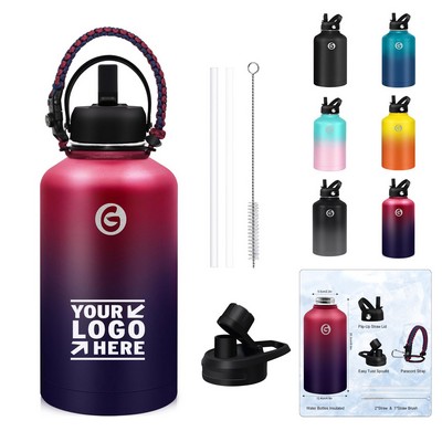 Sport 64 Oz Insulated Water Bottle Leak Proof Hot Cold Stainless Steel Thermal Jug With Straw 2 Lids