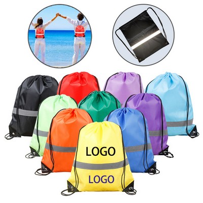 Custom 210D Polyester Gym Drawstring Backpack Cinch Sack Bag w/Reflective Strip