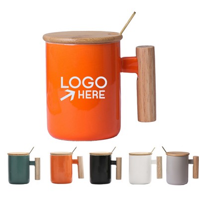 12OZ Ceramic Mug with Wooden Handle and Lid