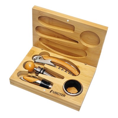 4 Pcs Bamboo Wine Opener Accessory Set w/ Bamboo Box