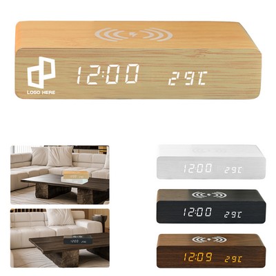 Wood Wireless Charger W/ Alarm Clock And Light