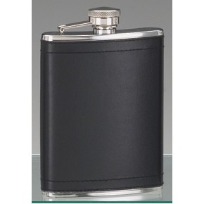 Black Leather Covered Flask w/Captive Screw On Lid