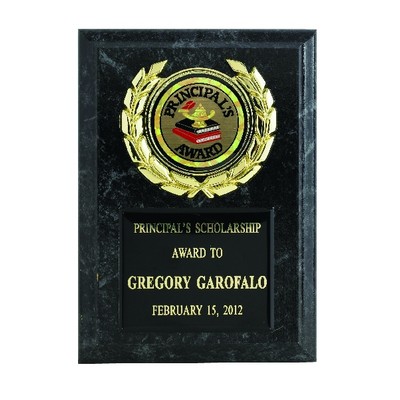 Simulated Black Marble Plaque w/Black Plate & Wreath Medallion Holder Takes Insert (5"x 7")