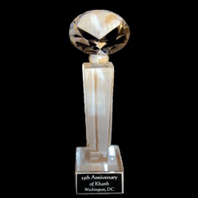 Crystal Engraved Award - 10" large - Tower with Diamond