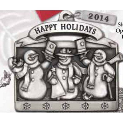 Full Size Stock Design Happy Holidays Snowman Trio Pewter Ornament