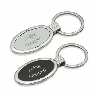 Stylish keychain in polished chrome finish, with mirror-like middle insert