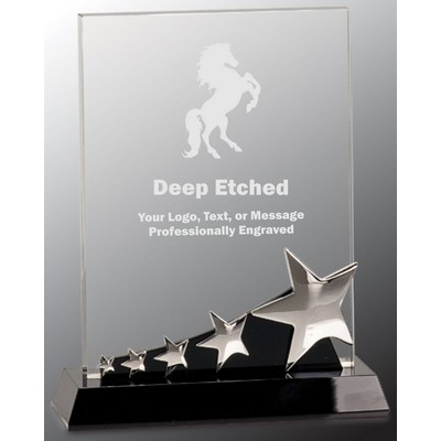 8" Rectangle Crystal Award with Silver Stars on Black Pedestal Base