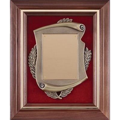 Walnut Frame with Scroll & Brushed Brass Plate on Red Velour, 14-1/2"x17-1/2"