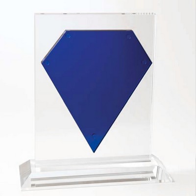 Blue Charming Diamond optical crystal award/trophy. 9"H x 8-5/8"W x 3-1/8"D