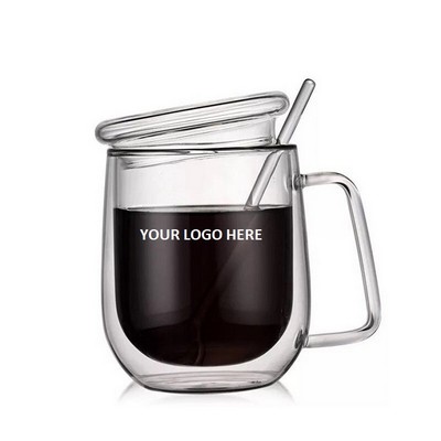 Double Wall Glass Coffee Mug w/Glass Lid & Spoon 10 Oz.