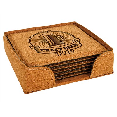 4" Square 6-Coaster Set with Holder, Laserable Cork