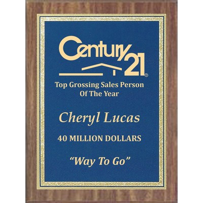 Economy Walnut Finish Plaque Series with Blue/Brass Florentine Plate, 9"x12"