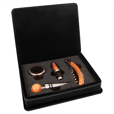 Laserable Black-Silver Leatherette 4-Piece Wine Tool Set