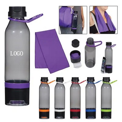 22 Oz. Sports PTE Plastic Water Bottle w/Hook & Cooling Towel